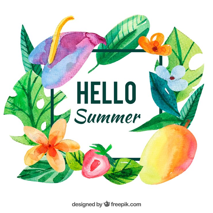 Kostenlose Vektor aquarell sommer hintergrund mit früchten und blumen