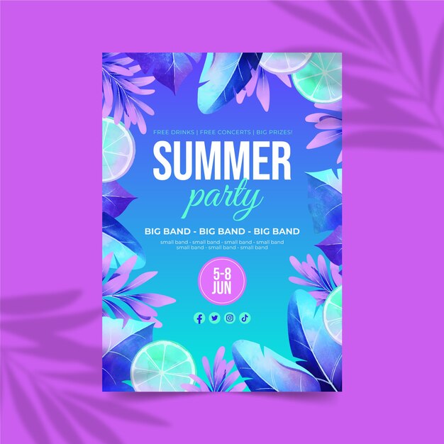 Aquarell-Sommernachtsparty-Poster-Vorlage mit Vegetation