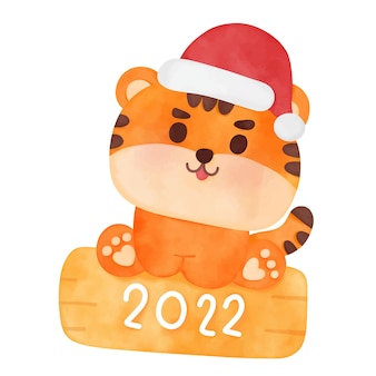 Aquarell tiger weihnachtskarikatur mit etikett 2022 kawaii tier