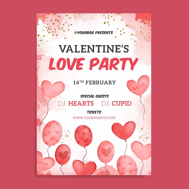 Aquarell valentinstag party poster vorlage