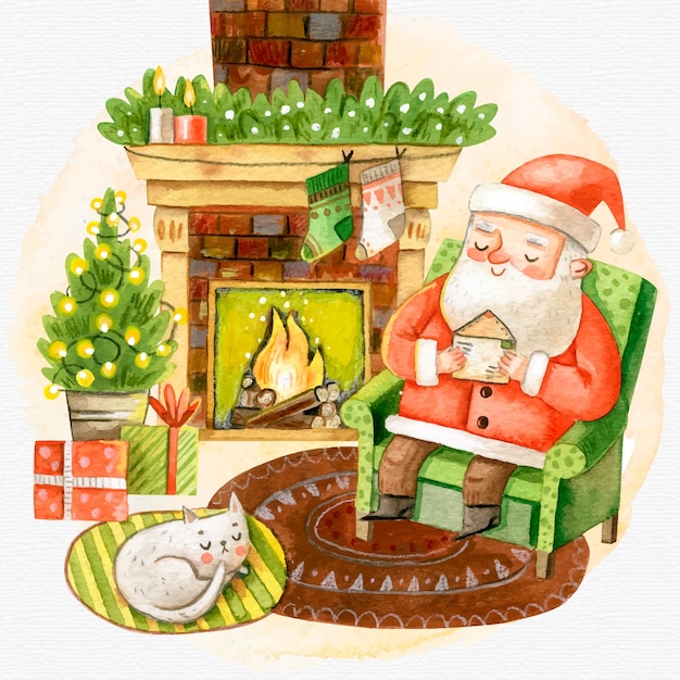 Aquarell Weihnachten Kamin Szene