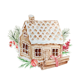 Aquarell weihnachtsillustration mit lebkuchenhaus. handgemaltes lebkuchenhaus und zimtstangen lokalisiert auf weißem hintergrund. urlaubskarten.