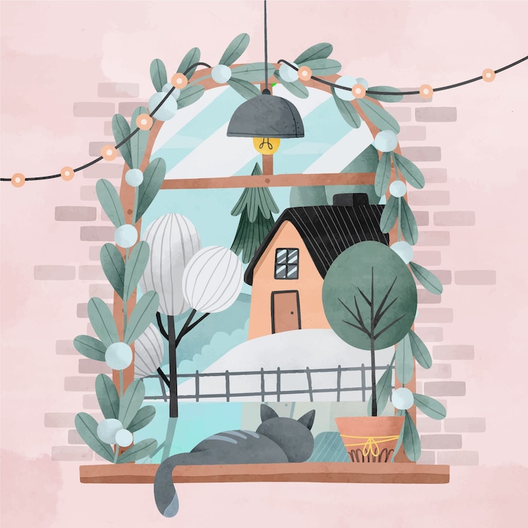 Kostenlose Vektor aquarell winterfenster illustration