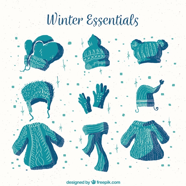 Aquarell winterkleidung & essentials in blau