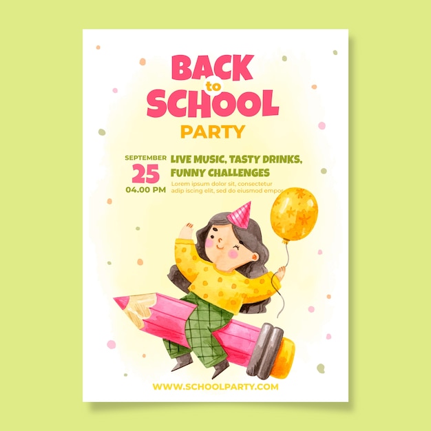 Aquarell zurück zur schulparty-plakatschablone