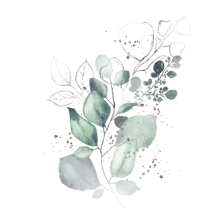 Kostenlose Vektor aquarellanordnung mit dem grün lässt silbernen krautblumenstrauß lokalisiert