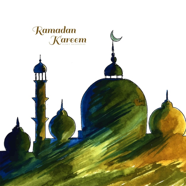 Aquarellbeschaffenheit der islamischen moschee mit lampen ramadan kareem hintergrund
