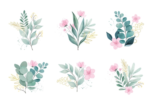Aquarellblätter und -blumen gesetzt