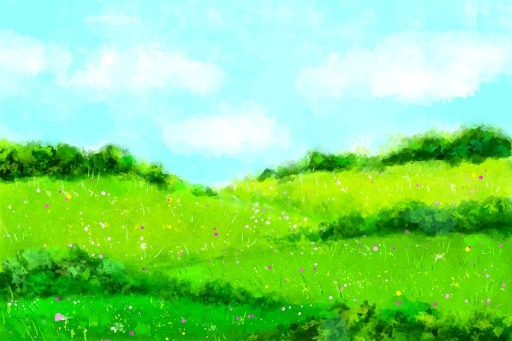 Kostenlose Vektor aquarellfrühlingslandschaft mit gras und himmel