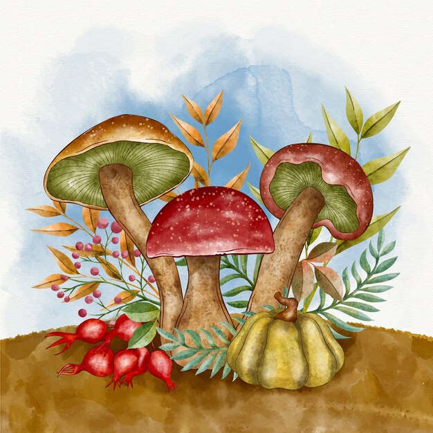 Aquarellherbstillustration mit pilzen
