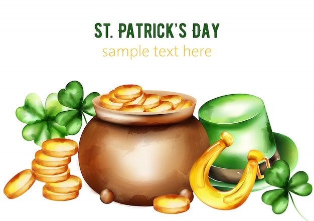 Aquarellkeramiktopf zum St. Patrick's Day mit Goldmünzen. Grüner Hut, Kleeblatt und Hufeisen