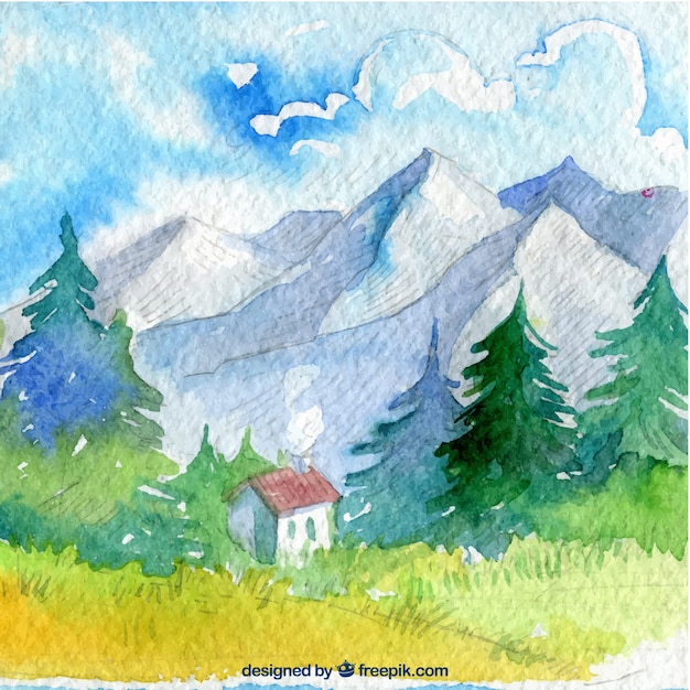 Aquarelllandschaft mit kiefern und haus