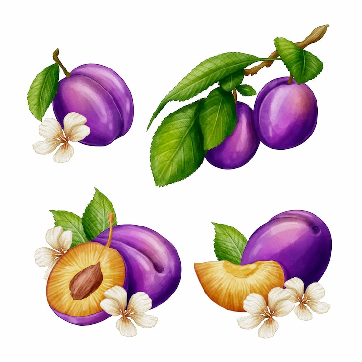 Kostenlose Vektor aquarellpflaumenfrucht- und blumenillustration