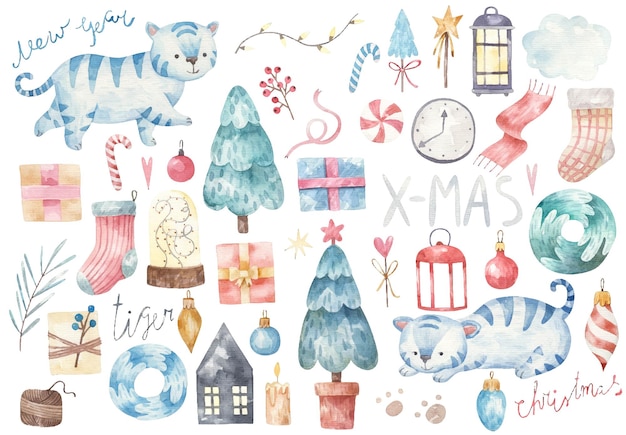 Aquarellset für neujahr und weihnachten 2022 mit blauen tigern und tannenbäumen verziert geschenke