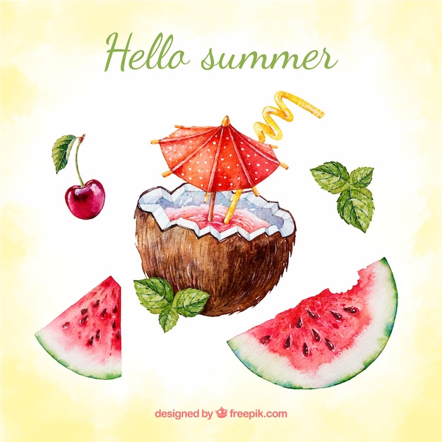 Aquarellsommerhintergrund mit Kokosnuss und Wassermelone