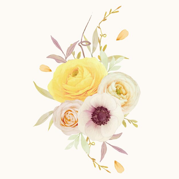 Aquarellstrauß von Rosen Ranunkel und Anemonenblüten