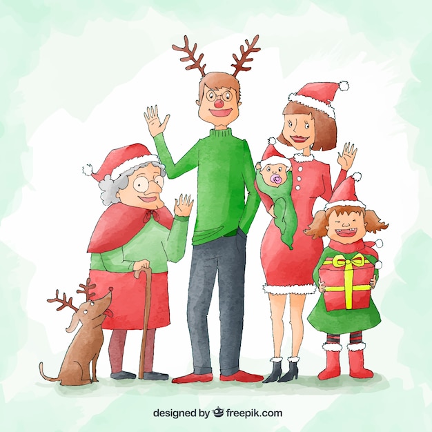 Aquarellweihnachtshintergrund mit einer großen glücklichen familie