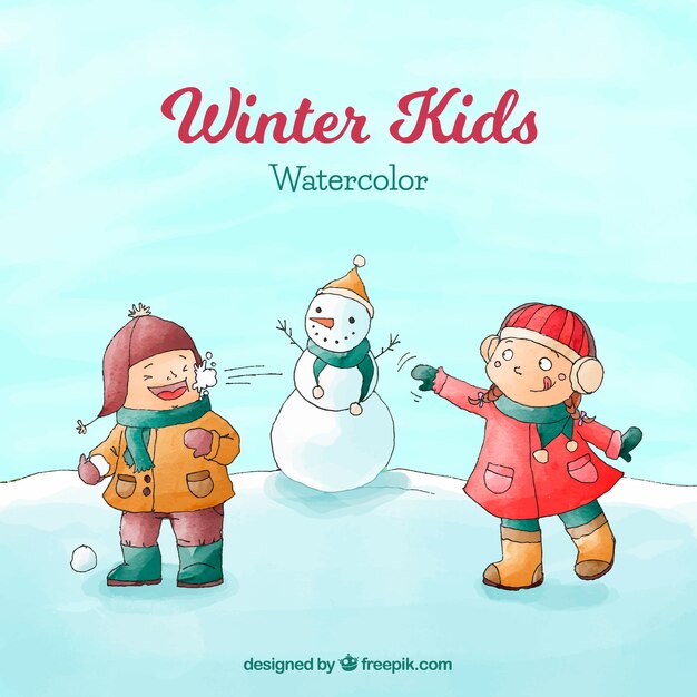 Aquarellwinterhintergrund mit Kindern und einem Schneemann