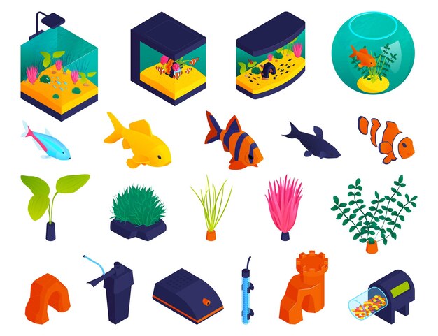 Aquarien Formen Typen Tanks Goldfischglas isometrische Fische Wasserpflanzen Sauerstoffpumpen Filter Zubehör Symbole Set Vektorillustration