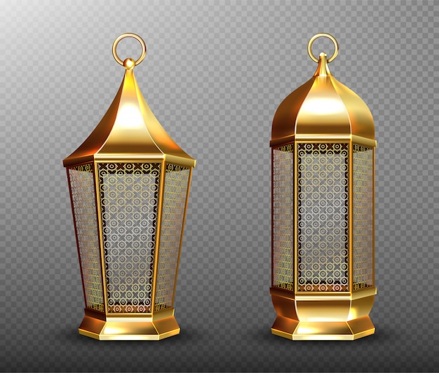 Kostenloser Vektor arabische lampen, goldene laternen mit arabischer verzierung, ring, platz für kerze.