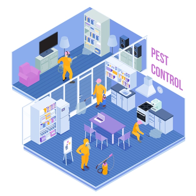 Arbeiter des schädlingsbekämpfungsdienstes während der hygienischen verarbeitung der isometrischen vektorillustration der küche und des wohnzimmers