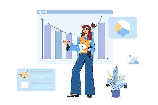 Arbeiterin, die digitale Daten, Diagramme und Grafiken analysiert