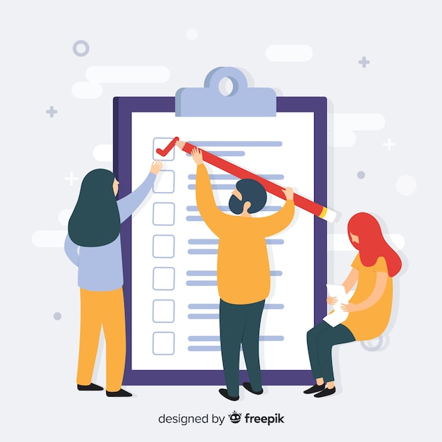Kostenloser Vektor arbeitsteam, das riesige checkliste überprüft