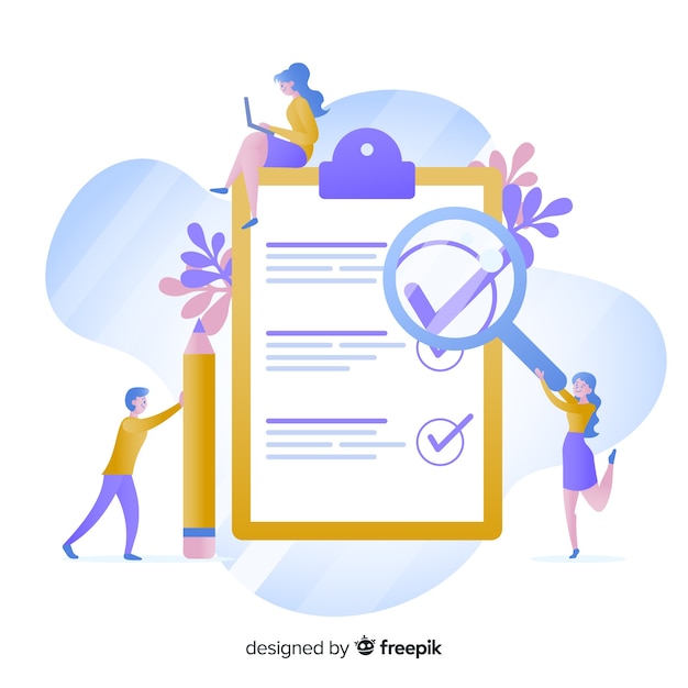 Kostenloser Vektor arbeitsteam, das riesige checkliste überprüft