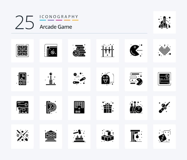 Arcade 25 Solid Glyph Icon Pack inklusive Spiel Pacman Games Hockey Bar