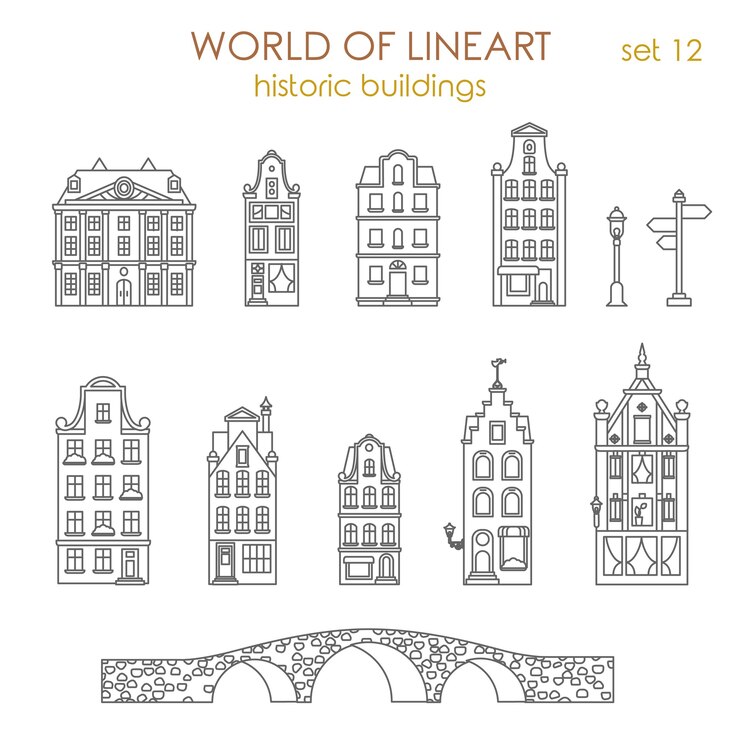 Kostenlose Vektor architektur historische alte gebäude al lineart stil gesetzt.