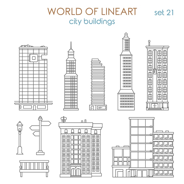 Kostenloser Vektor architektur stadt öffentliches einkaufszentrum geschäftszentrum wolkenkratzer anwesen gebäude al line art style set