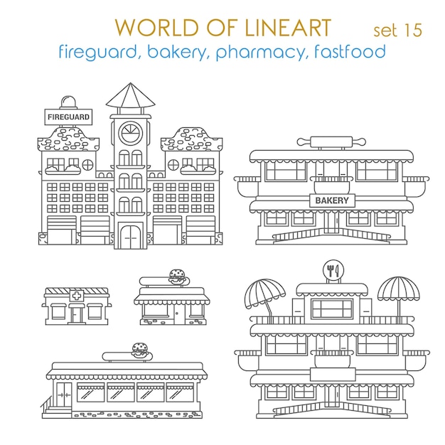 Architektur stadt öffentliches geschäft anwesen gebäude feuerwehr bäckerei apotheke fastfood restaurant lokales geschäft al lineart stil set world of line art sammlung