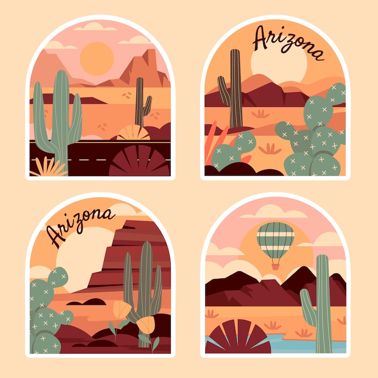 Kostenlose Vektor arizona-aufkleber-set im flachen design