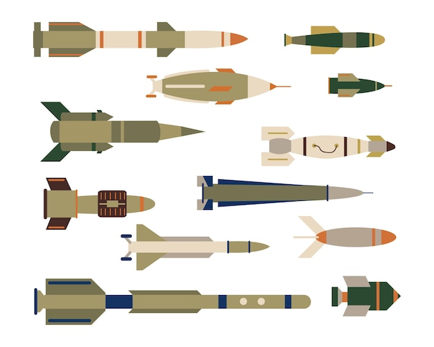 Kostenloser Vektor arten von militärraketen oder raketenvektorillustrationen eingestellt. sammlung verschiedener ballistischer luftbomben, artilleriegeschosse, sprengköpfe isoliert auf weißem hintergrund. waffen, flugzeugkonzept