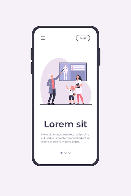 Arzt, der dem kind die menschliche anatomie erklärt. krankenschwester, junge, körper flache vektorillustration. mobile app-vorlage für medizin- und bildungskonzept