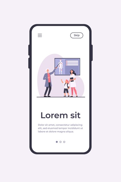 Arzt, der dem Kind die menschliche Anatomie erklärt. Krankenschwester, Junge, Körper flache Vektorillustration. Mobile App-Vorlage für Medizin- und Bildungskonzept