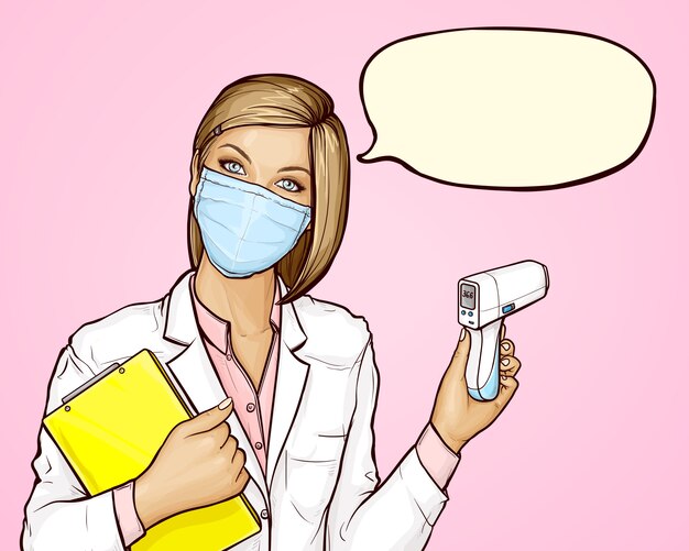 Arzt in medizinischer Maske mit berührungslosem Thermometer