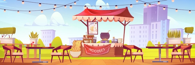 Asiatische Küche Stall im Sommer Stadtpark Vektor Cartoon Illustration von Nudelshop mit Fisch und Meeresfrüchte Menü Stühle und Tische im Freien Girlande Dekoration Stadtlandschaft Hintergrund sonniger blauer Himmel