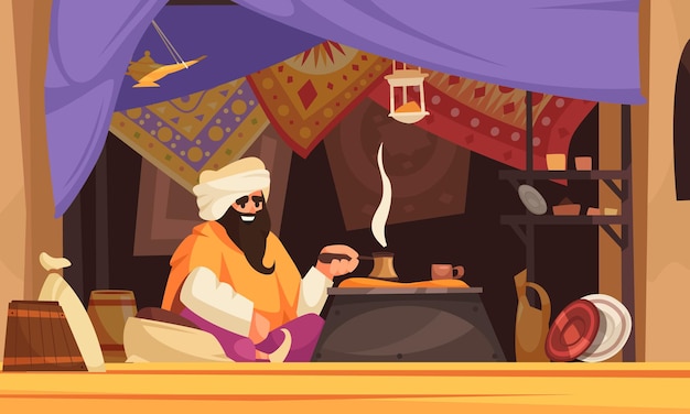 Kostenloser Vektor asiatische souk-karikatur mit einem arabischen mann, der traditionellen östlichen kaffee unter einem handelszelt mit teppichen zubereitet