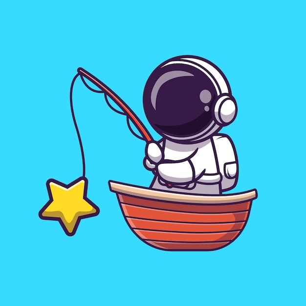 Astronaut Fishing Star auf Boot Cartoon Illustration. Wissenschaft Urlaub Konzept isoliert. Flacher Cartoon-Stil