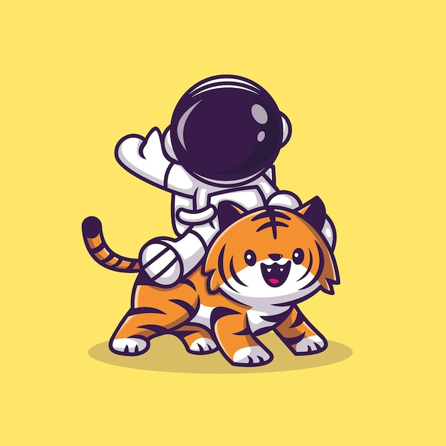 Astronaut mit niedlicher tiger-karikatur-vektor-symbol-illustration. wissenschaft technologie symbol konzept isoliert premium-vektor. flacher cartoon-stil
