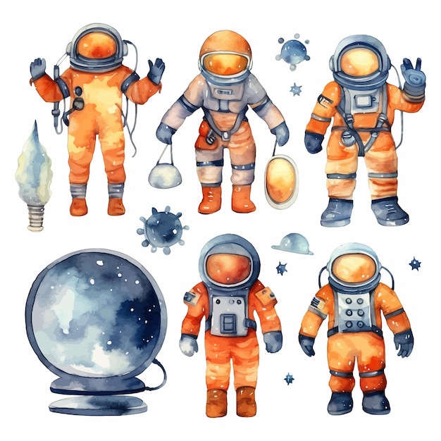 Kostenloser Vektor astronaut und weltraum-aquarell-clipart-set mit weißem hintergrund