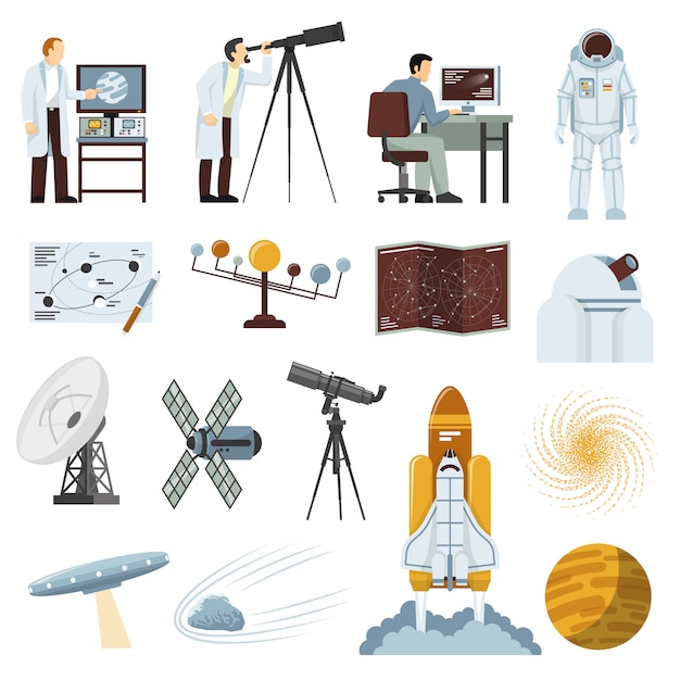 Astronomie-forschungs-ausrüstungs-flache ikonen-sammlung