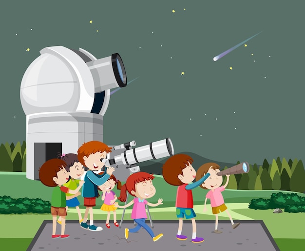 Kostenloser Vektor astronomiethema mit kindern, die sterne betrachten