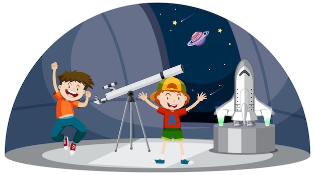 Kostenloser Vektor astronomiethema mit zwei jungen und teleskop