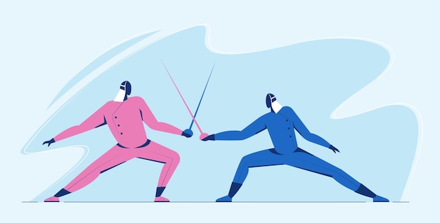 Kostenloser Vektor athlet mann fechten duell wettbewerb. sportler im kampf mit schwertkämpfen in blauer und rosa farbe.