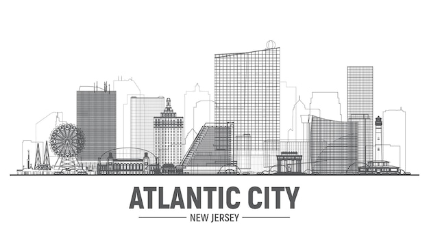 Kostenloser Vektor atlantic city new jersey line skyline auf weißem hintergrund flache vektordarstellung geschäftsreise- und tourismuskonzept mit modernen gebäuden bild für banner oder website