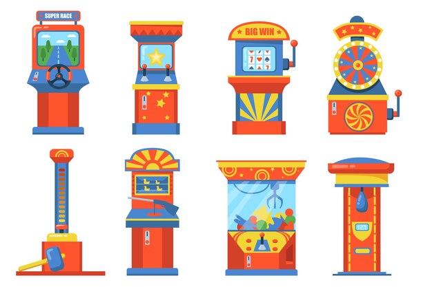 Attraktionsparkgeräte mit Schlitz flaches Illustrationsset. Cartoon-Spielautomaten mit Korb, Boxsack, Rädern und Stofftieren isolierten Vektorillustrationssammlung. Glücksspiel- und Spaßkonzept