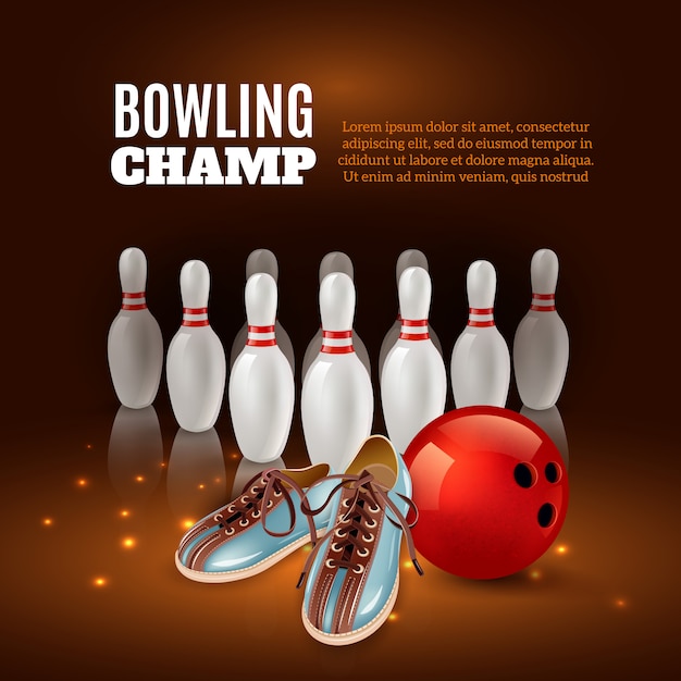 Aufbau des Bowlingspielchampions 3d von der roten Kugel und den Schuhen der Stifte auf Dunkelheit mit Funken