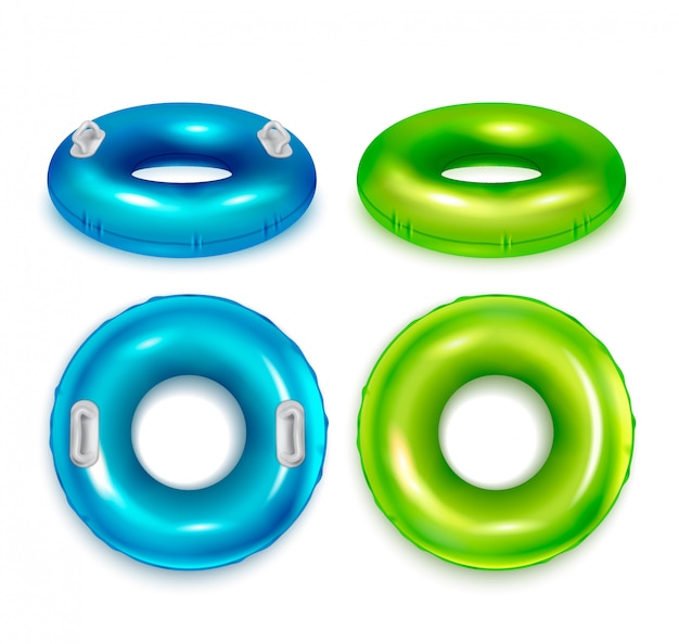 Aufblasbare moderne bunte Gummi-Schwimmringe realistische Set-Top- und Seitenansicht blau grün isoliert